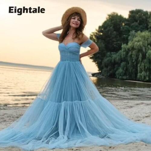 Eightale Corset Evening Dresses Sweetheart Off the Shoulder Ruffled Tulle Backless Bay Blue Prom Gown Celebrity Party Dress