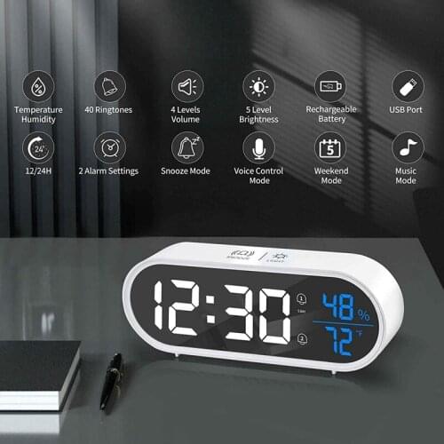 Digital Alarm Clock Alarm Clocks Bedside with Temperature Humidity LED Display for Travel Bedside Home