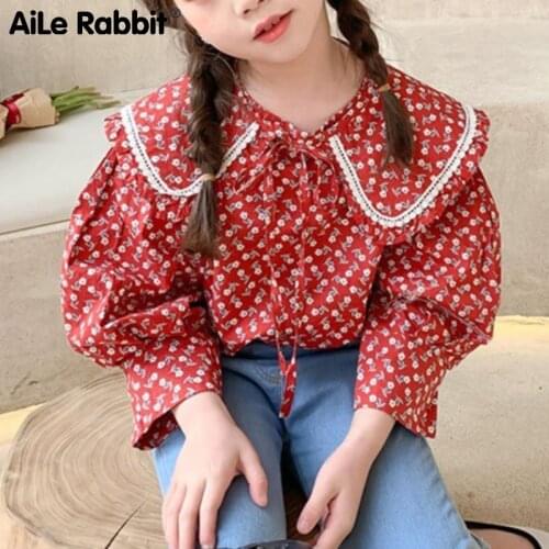 New Arrival In Fall 2021 Childrens Clothes Shirts For Girls Blouses Long-sleeved Floral Lotus Leaf Collar Kids Clothes Are Soft