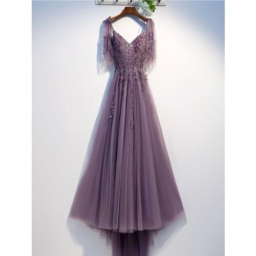 2020 Purple Evening Dress Abendkleider Sexy V-neck A-line Formal Dress With Appliques Evening Dresses Long Dress Robe De Soiree