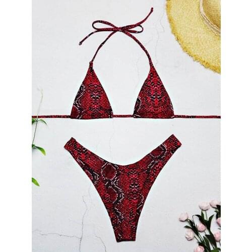 Swimwear Women New Snakeskin Bikini High Cut Swimsuit Sexy Halter Thong Bikini Bikini Set Padded V-Neck Biquni Bathing Suit