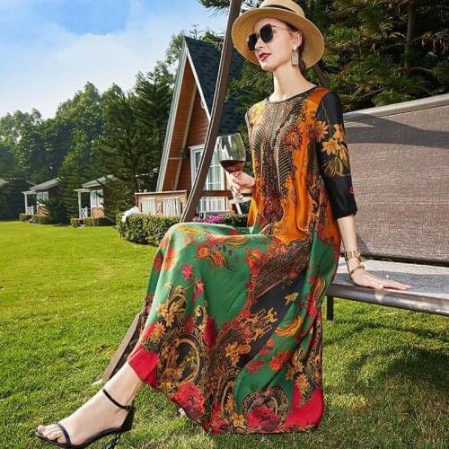 Summer Boho Casual Floral Mulberry Silk Maxi Dresses Elegant Party Vestidos 2021 Women Vintage 4XL Plus Size Chiffon Midi Dress