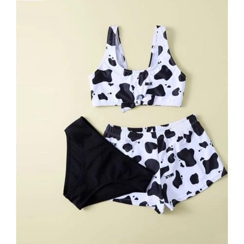 Girls' Summer Swimwear Cute Crisscross Back Cow Floral Print Three-piece Swimsuit Swimsuit Kids Girl Vestidos De Verano