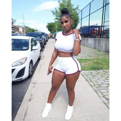 Fashion casual womens solid color cotton fabric webbing sports slim shorts two-piece suit