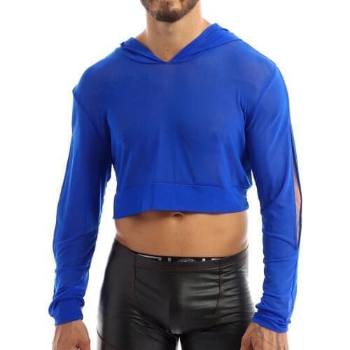 MSemis Men See Through Sheer Mesh Long Sleeves Men Transparent Pullover Hoodie Tee Shirt Blouse Crop Tops for Hip Hop Clubwear