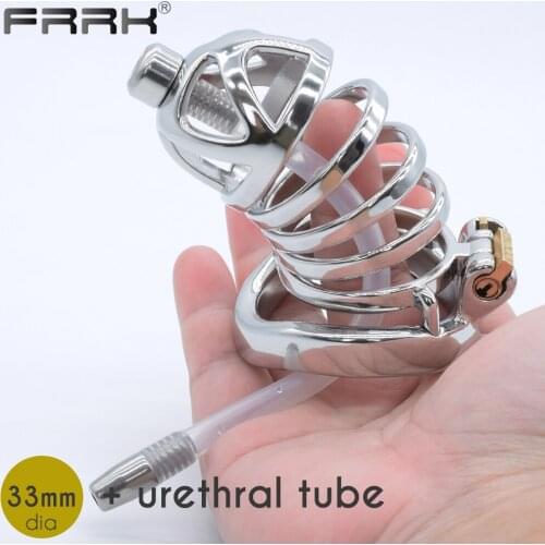 FRRK Mens Chastity Cage Steel Bondage Belt with Urethral Catheter for Male Large Penis Rings Stimulator BDSM Lock Cock Sex Toys