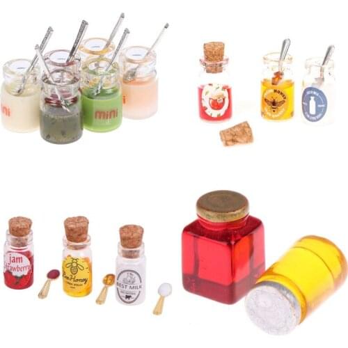 New!1:12 Dollhouse Miniature Milk Honey Strawberry Kiwi Peach Jam Condensed Milk With Spoon Set Dollhouse Kitchen Food Toy