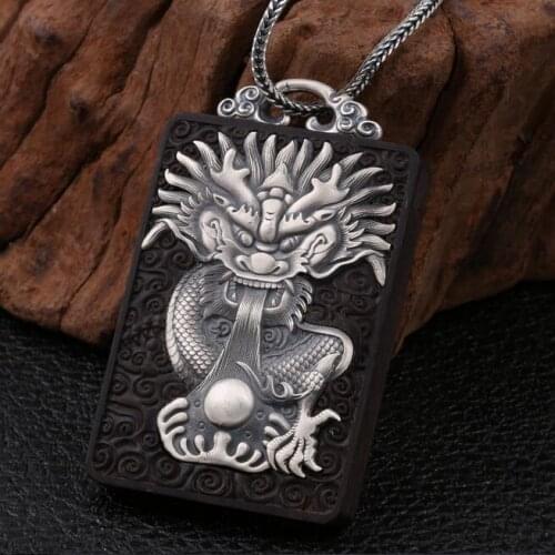 NEW 100% 990 Silver Dragon Pendant Necklace Natural Black Sandal Wood Sterling Power Dragon Pendant Good Luck Dragon Pendant