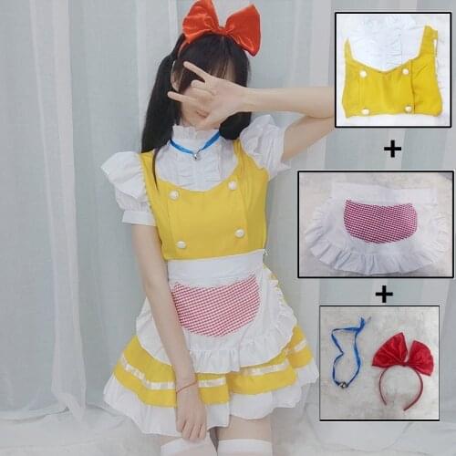 2021 New Cute Maid Outfit Anime High Collar Yellow Dress Red Plaid Pocket Apron Dress Lolita Dresses Women Cosplay Costume
