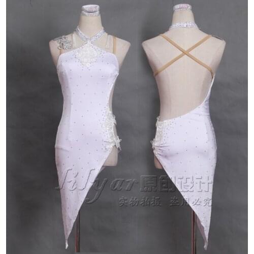 New Latin dance dress, dress, sexy costume, white embroidered diamond