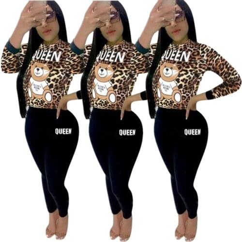 Leopard Bear Offset Tight Suit Spring and Autumn Womens Two Piece Suit Fashion Leisure Exercise Sports Yoga Two Piece Suit