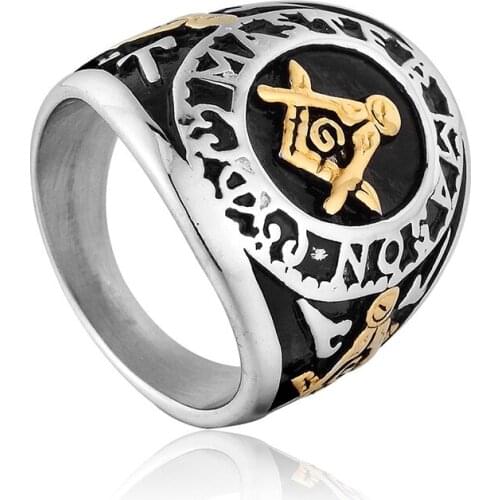Silver Gold color Tone Mens Masonic Compass Square Free Mason Ring High Polished Stainless Steel Male Ring Party Cool Jewelry