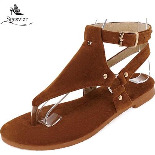 Sgesvier 2021 hot sale flat shoes women sandals buckle summer casual shoes flip flops ladies PU sandals black brown shoes