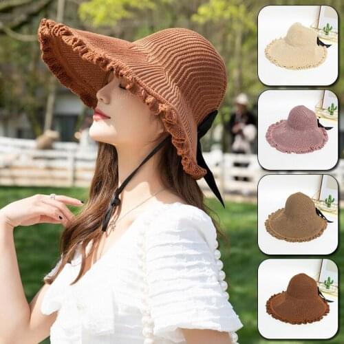 New Summer Bow Sun Hats Empty Top Hat Women UV Protection Caps Hollow Out Beach Hat Ladies Sun Cap Ribbon Knit Fashion Sun Hat