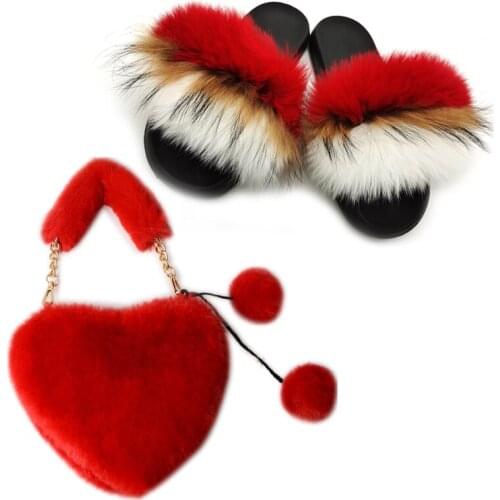 Woman Fox Wool Shoes Real Fox Fur Slippers Summer Womens Shoes Fashion Cute Plush Heart Bag Female Furry Love Handbag Chain Bag