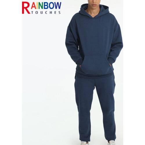 Rainbowtouches Quality Pure Cotton 2-Piece Couple Hoodie Solid Color Hip Hop Casual Sportswear Pullover Mens Pants Plush
