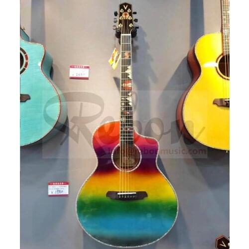 Weifang Rebon 41 inch solid spruce top flamed maple colourful acoustic guitar in cutaway shape