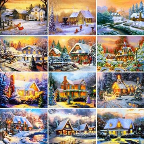 Yumeart DIY Diamond Painting by Number Full Square House Diamond Embroidery Winter Landscape Rhinestones Cross Stitch Hobby Art