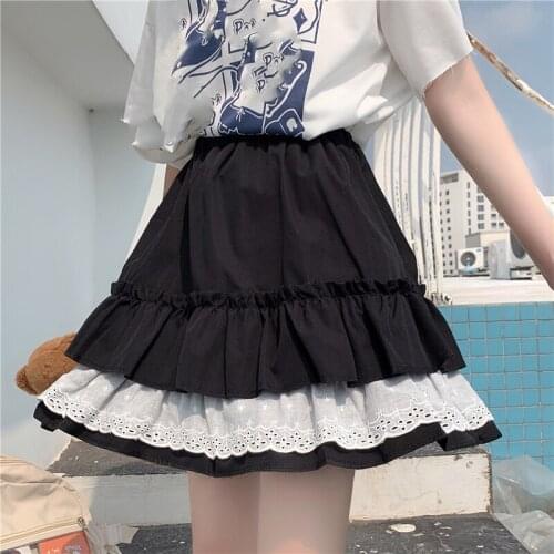 Women Harajuku High Waist Mini A-Line Skirt Japanese Kawaii Lace Ruffle Fairy Gothic Sexy Summer Sweet Pleated Skirts