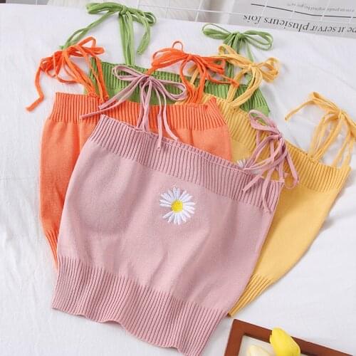 Women Knitted Crop Tops With Flower Female Spaghetti Straps Ribbed Tops Women Harajuku Cute Tops For Women 2021 Summer
