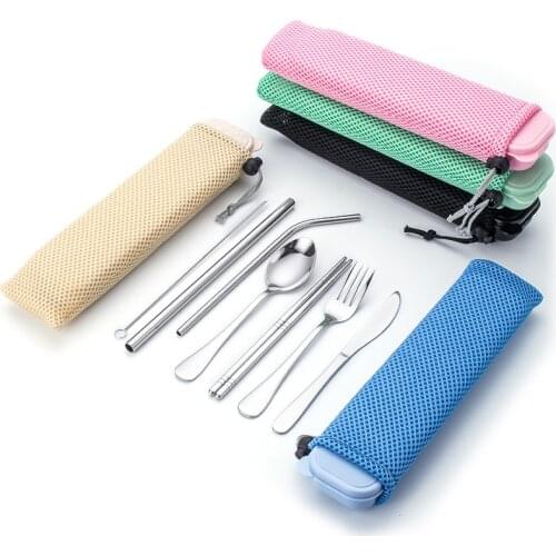 7Pcs/Set Tableware Stainless Steel Portable Dinnerware Travel Packaging Storage Box Silver Straw Chopstick Spoon Fork Flatware