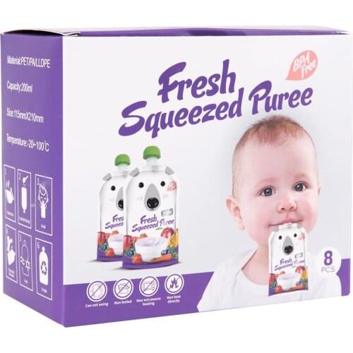 8pcs/pack Cartoon 200ML Kids Storage Bag Breast Milk Bag Reusable Baby Food Pouch Infant Double Zipper Feeding Bags