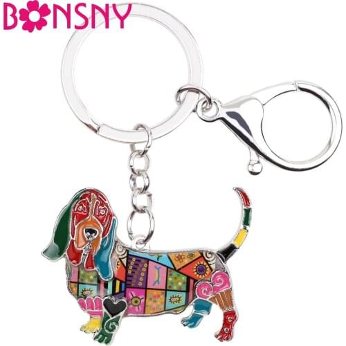 Bonsny Alloy Basset Hound Dog Key Chains Ring Handbag Bag Charm Key Holder New Enamel Keychain Animal Jewelry For Women Girl