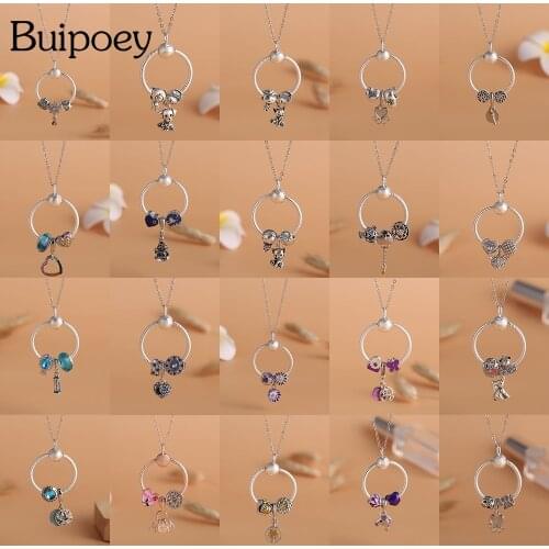 Buipoey Fashion Round Pendant Necklace Diy Beads Charm Necklace For Women Original Lovers Boys Girl Silver Color Jewelry Gift