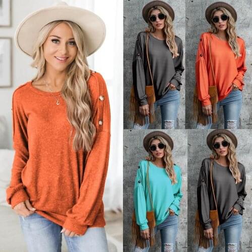 Womens Fall T-Shirt Long Sleeve Top Solid Color Elastic Party Round Neck Loose Warm Shoulder Buttons Clothes