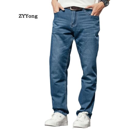 Summer Thin Section Mens Straight Large Size Loose Elastic Force Denim Jeans Blue Pants Hip Hop Leisure Streetwear Man Trousers