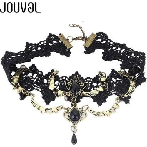 JOUVAL Collares Sexy Gothic Chokers Crystal Black Lace Neck Choker Necklace Vintage Victorian Women Chocker Steampunk Jewelry