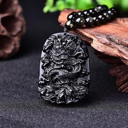 Chinese Natural Black Obsidian Dragon Pendant Necklace Beads Hand-Carved Fashion Charm Jewellery Amulet for Men Women Luck Gifts