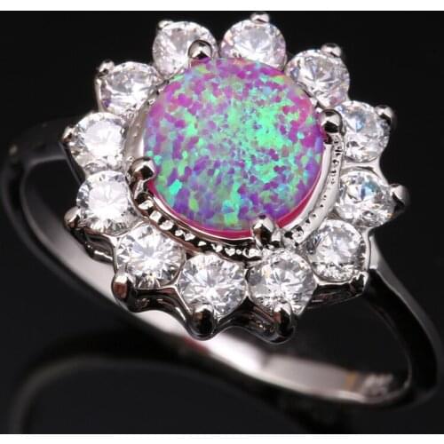 Round Pink Fire Opal White Zircon Silver Plated Argent Jewelry Ring Size SF1040