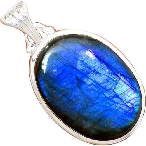 Nature Blue Fire Labradorite Pendant 925 Sterling Silver Jewelry, 42 mm, MHBAP5281