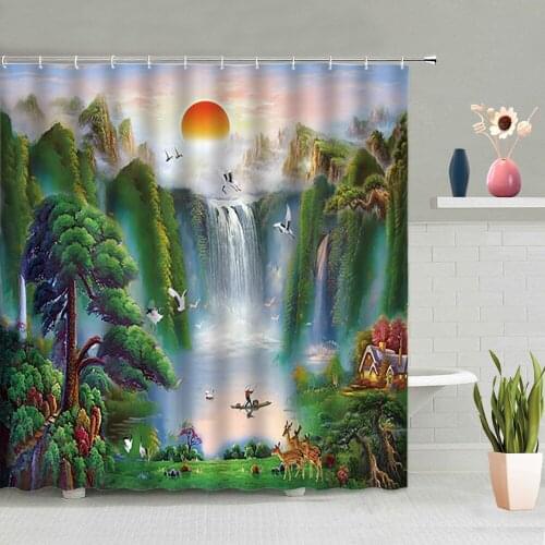 Landscape Shower Curtain Waterfall Welcoming Pine Crane Lotus Goldfish Deer Boat 3D Bathroom Decoration Waterproof With Hook Set