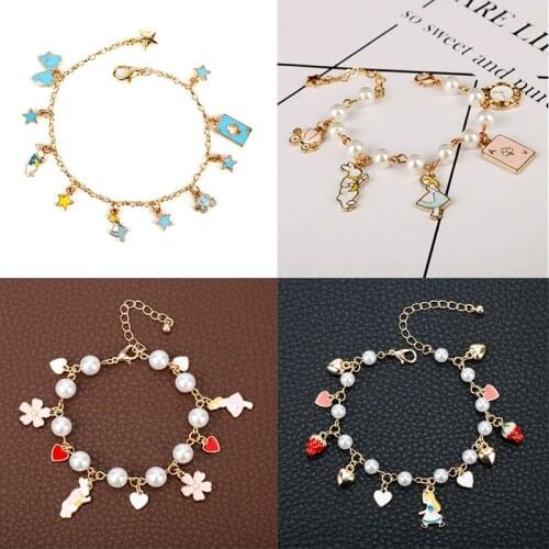 Small Fresh Style Cute Alice Wonderland Rabbit Clock Imitation Pearl Link Chain Bracelet Charm Bangle Women Girl Jewelry