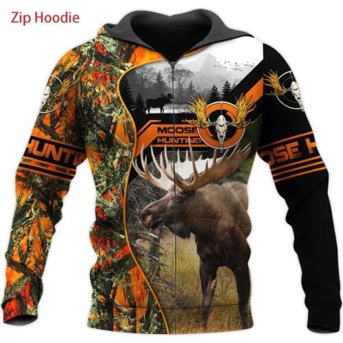 Fashion Autumn Animal Moose Hunting Camouflage Men Women Casual Sportswear 3D Print Unisex Hoodie Zipper Sweatshirt Jacket S-290