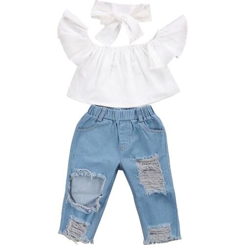 Fashion Toddler Girls Kids Off Shoulder Tops Denim Pants Jeans Outfits Set Clothes 1-6Y