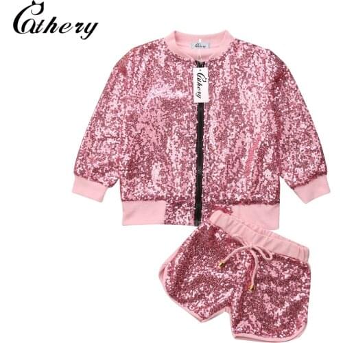 Cathery Fashion Sequins Toddler Kids Girls Outfits Clothes 2PCS Zipper Jacket Tops+Shorts Sets