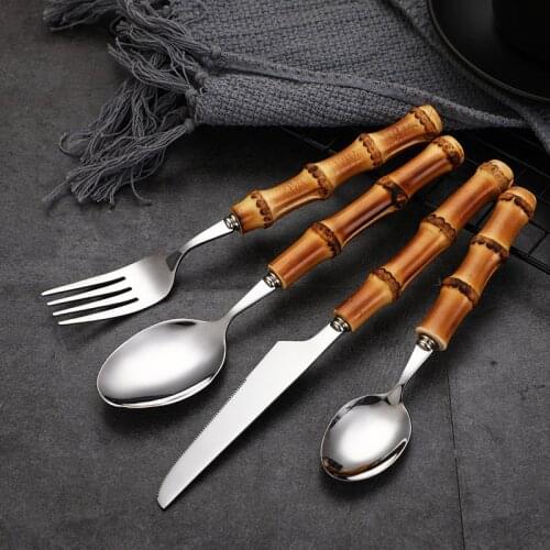 Dinnerware Set Bamboo Handle, Cutlery Set Stainless Steel Knife Fork Spoon,Tableware Cutleries Sets Drop With Steak Knives