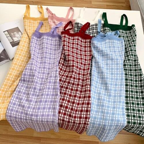 2021 Spring Summer Womens Knitting Basic Plaid Tank Dress Female Sheath Camisole Sleeveless Pencil Mini Dresses For Women