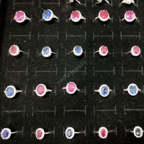 Sale 925 Sterling Silver Rings Synthetic Ruby Oval Shape Pink Red Corundum Blue Corundum Gems Main Stone Female Jewelry