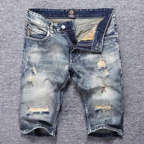Summer Newly Fashion Men Jeans Destroyed Ripped Denim Shorts Homme Retro Gray Blue Embroidery Designer Vintage Short Jeans Men