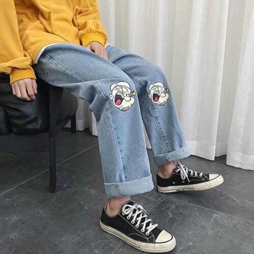 Loose Casual Plus Size Denim Trousers Harajuku Streetwear Cartoon Popeye Print Wide Leg Jean Women High Waist Harem Pants Female