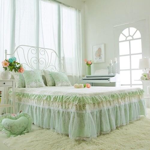 Thickened warm All cotton quilting Bed spread Fitted Sheet Pillowcases 2/3pcs printing Pleated double lace Bedding