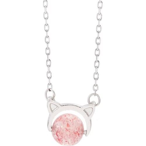 XIYANIKE Natural Strawberry Crystal Necklace Cute Cat Ears Styling Clavicle Chain Sweet Engagement Jewelry For Women Gifts New