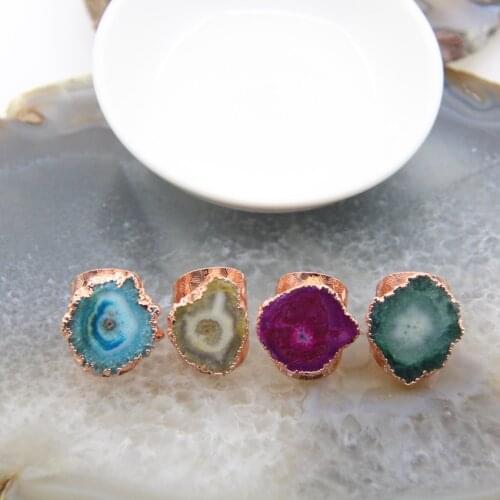 Sun Flower Stone Women Adjustable Finger Ring,Natural Druzy Rose Golds Reiki Quartz Healing Crystal Geode Rings Jewelry Gift
