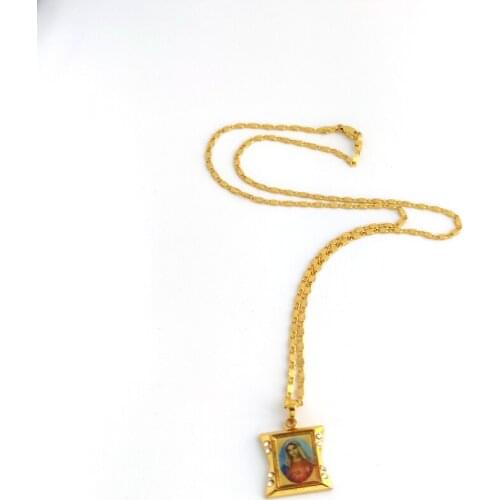 Loyal Holy Pendant jewel Mother 24 K Yellow Solid Yellow G/F Gold CZ Lady Mary goddess icon Fine Necklace Chain 600mm
