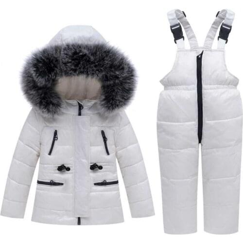 -30 Winter Snowsuit Children Clothing Set Baby Boy White Duck Down Waterproof Jacket for Girl Kids Coat + Bib Pants Enfant Parka