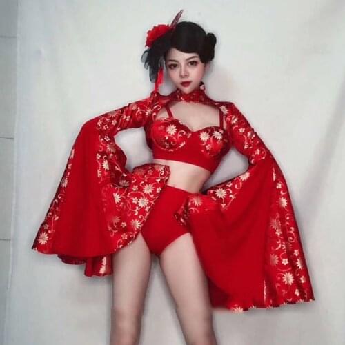 Jazz Costumes Red Chinese Style Hanfu Bikini Suit Tang Suit Trumpet Sleeve Sexy Nightclub GoGo Bar Ds Pole Dance Clothes DT2133